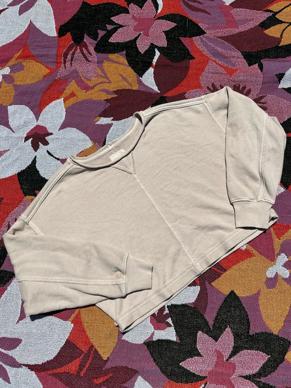 aerie Beige Cropped Waffle-Knit Sweatshirt